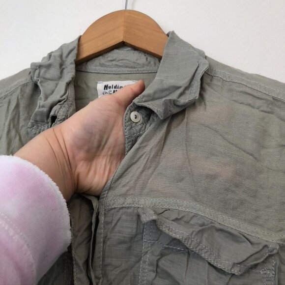 HOLDING HORSES ANTHROPOLOGIE Sunwashed Tunic Top Green Long Sleeve Button Down - Picture 8 of 11